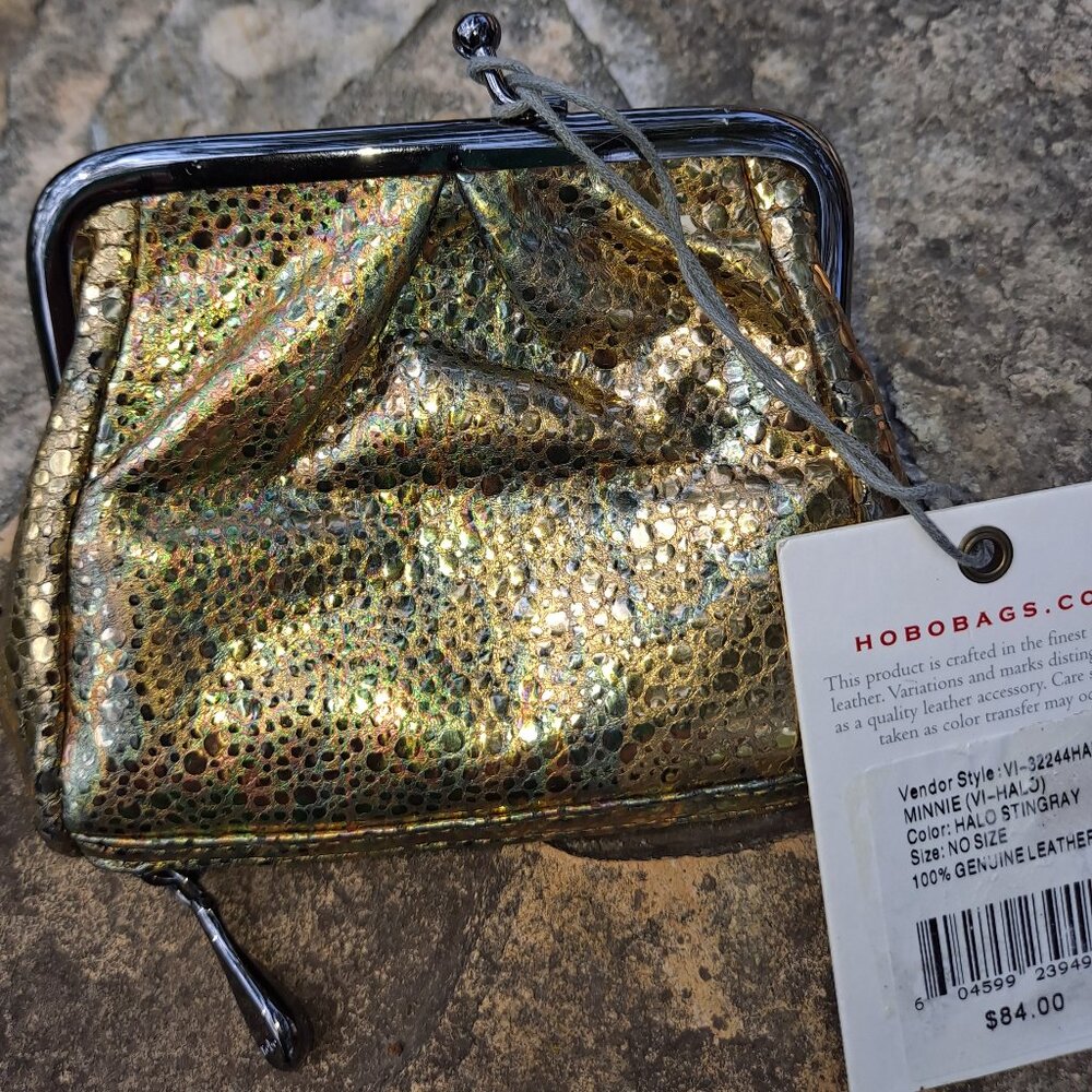 HOBO Kisslock accessory bag, iridescent gold with gun metal hard (NWT)